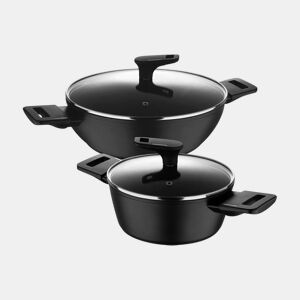 Conjunto de 2 caçarolas baixas Ø20cm (2,2L) + Ø28cm (4,2L) com tampas em alumínio forjado cor cobre preto Bergner