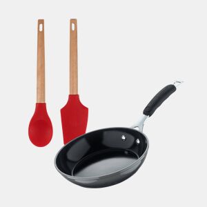 Conjunto de frigideira EXCALIBUR Bergner de alumínio forjado de 24 cm + 2 utensílios de cozinha - colher e espátula - cabo de silicone e madeira
