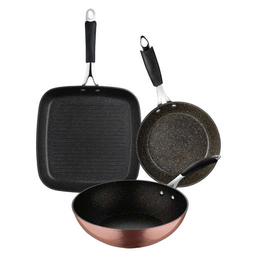 Conjunto de frigideiras ILAG Cooper Bergner (28x28cm) + wok (Ø28cm) + frigideira (Ø20x4,5cm) em alumínio forjado com revestimento antiaderente