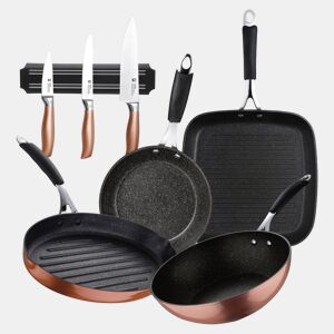Conjunto de 3 facas de cozinha + grelha 28x28cm + wok Ø28cm + frigideira Ø20x4,5cm + frigideira para peixe 32x21,8cm em alumínio forjado da Cooper Bergner