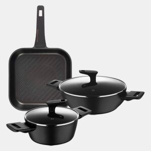 Conjunto de 2 caçarolas baixas Ø20cm (2,2L) + Ø28cm (4,2L) com tampas em alumínio forjado + grelha 28x28cm em alumínio fundido Copper Bergner