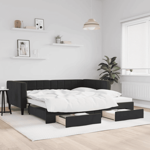 Sofá-cama, Sofá conversível com gavetão e gavetas 90x190 cm veludo preto