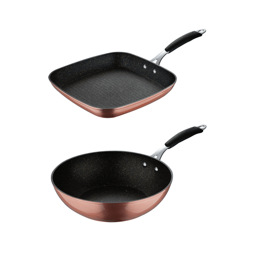 Conjunto de Grelha Bergner Copper 28x28cm + Wok Ø28cm em Alumínio Forjado com Revestimento ILAG ESSENTIAL