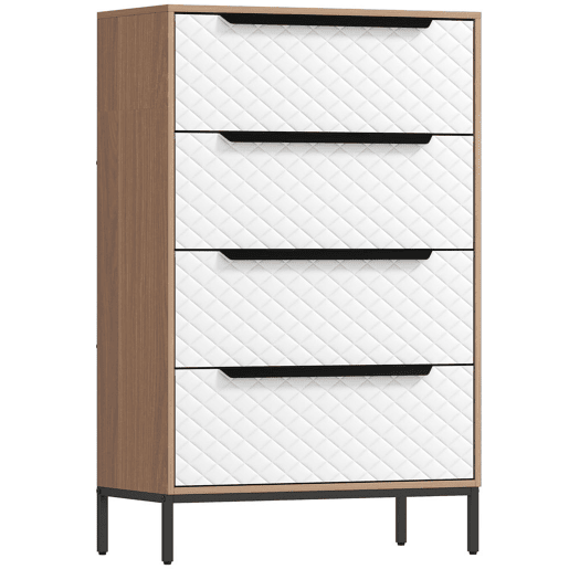 HOMCOM Cômoda com 4 Gavetas de Tecido, Cômoda para Quarto, Estrutura de MDF, Frentes com Padrão de Diamante, Gaveteiro para Sala, Escritório, Closet, Natural e Branco