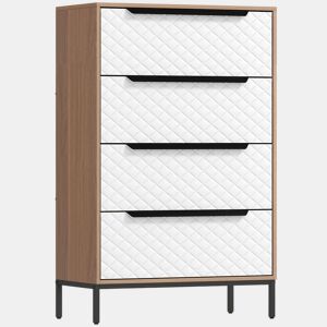 HOMCOM Cômoda com 4 Gavetas de Tecido, Cômoda para Quarto, Estrutura de MDF, Frentes com Padrão de Diamante, Gaveteiro para Sala, Escritório, Closet, Natural e Branco