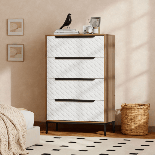 HOMCOM Cômoda com 4 Gavetas de Tecido, Cômoda para Quarto, Estrutura de MDF, Frentes com Padrão de Diamante, Gaveteiro para Sala, Escritório, Closet, Natural e Branco