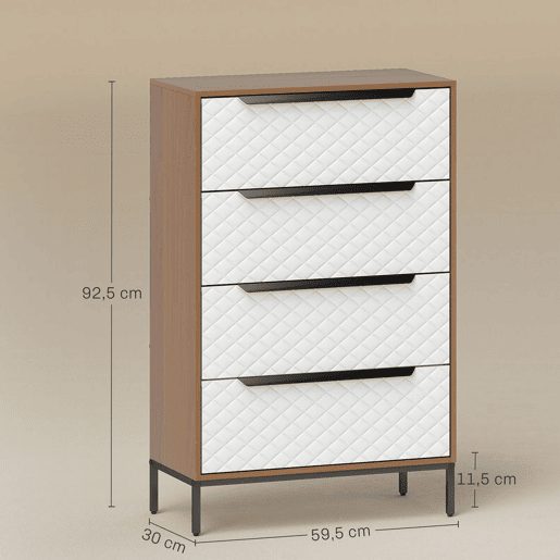 HOMCOM Cômoda com 4 Gavetas de Tecido, Cômoda para Quarto, Estrutura de MDF, Frentes com Padrão de Diamante, Gaveteiro para Sala, Escritório, Closet, Natural e Branco