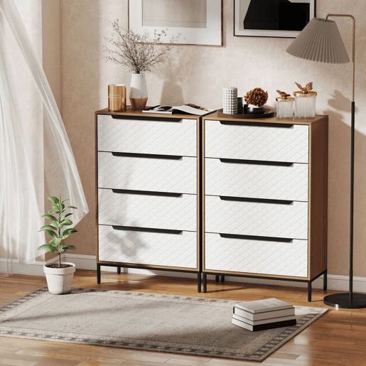 HOMCOM Cômoda com 4 Gavetas de Tecido, Cômoda para Quarto, Estrutura de MDF, Frentes com Padrão de Diamante, Gaveteiro para Sala, Escritório, Closet, Natural e Branco