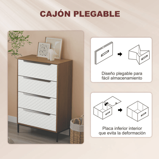 HOMCOM Cômoda com 4 Gavetas de Tecido, Cômoda para Quarto, Estrutura de MDF, Frentes com Padrão de Diamante, Gaveteiro para Sala, Escritório, Closet, Natural e Branco