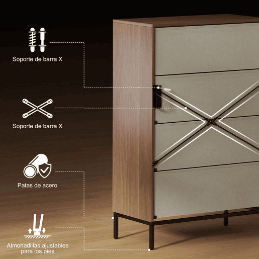 HOMCOM Cômoda com 4 Gavetas de Tecido, Cômoda para Quarto, Estrutura de MDF, Frentes com Padrão de Diamante, Gaveteiro para Sala, Escritório, Closet, Natural e Branco