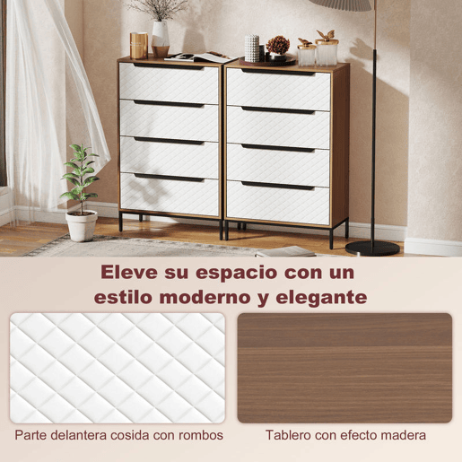 HOMCOM Cômoda com 4 Gavetas de Tecido, Cômoda para Quarto, Estrutura de MDF, Frentes com Padrão de Diamante, Gaveteiro para Sala, Escritório, Closet, Natural e Branco