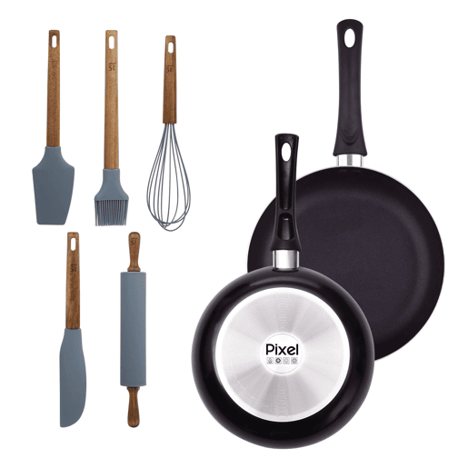Conjunto de 2 frigideiras antiaderentes de alumínio prensado (Ø20Ø24cm) + Conjunto de 5 utensílios de cozinha de silicone e madeira PIXEL Chef Sauce