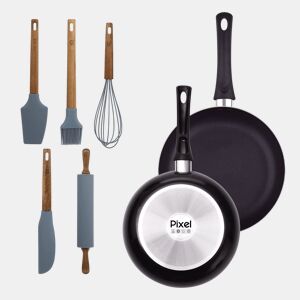 Conjunto de 2 frigideiras antiaderentes de alumínio prensado (Ø20Ø24cm) + Conjunto de 5 utensílios de cozinha de silicone e madeira PIXEL Chef Sauce
