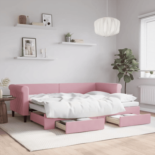 Sofá-cama, Sofá conversível com gavetão e gavetas 80x200 cm veludo rosa