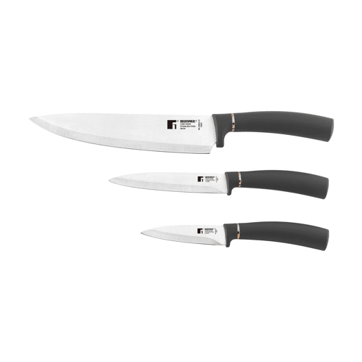 Conjunto de facas Bergner Copper de 3 peças: Faca de chef de 20 cm + Faca multiuso de 12,5 cm + Descascador de 8,75 cm - Em aço inoxidável preto e cobre