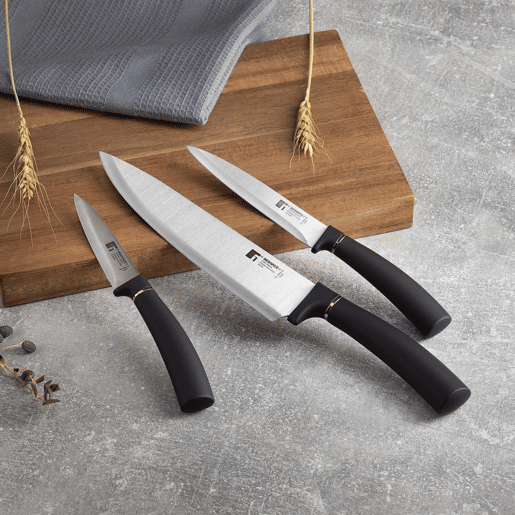 Conjunto de facas Bergner Copper de 3 peças: Faca de chef de 20 cm + Faca multiuso de 12,5 cm + Descascador de 8,75 cm - Em aço inoxidável preto e cobre