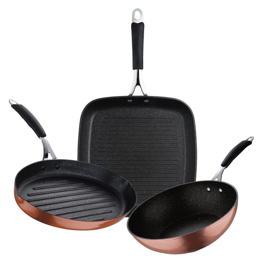 Conjunto de frigideiras ILAG Cooper Bergner (28x28cm) + wok (Ø28cm) + frigideira para peixe (32x21,8x4cm) em alumínio forjado com revestimento antiaderente