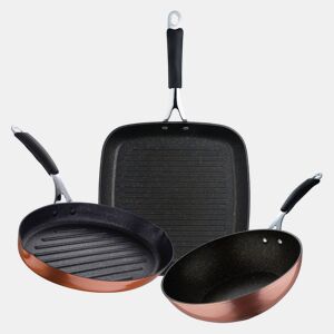 Conjunto de frigideiras ILAG Cooper Bergner (28x28cm) + wok (Ø28cm) + frigideira para peixe (32x21,8x4cm) em alumínio forjado com revestimento antiaderente