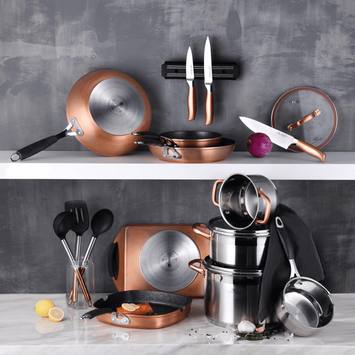 Conjunto de frigideiras ILAG Cooper Bergner (28x28cm) + wok (Ø28cm) + frigideira para peixe (32x21,8x4cm) em alumínio forjado com revestimento antiaderente