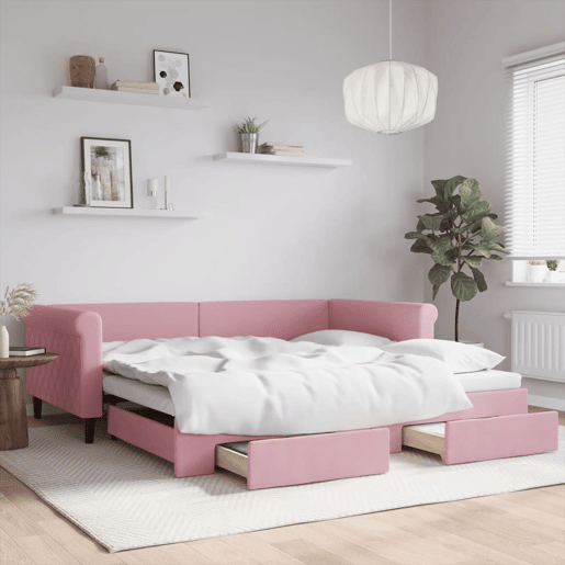 Sofá-cama, Sofá conversível com gavetão e gavetas 100x200 cm veludo rosa