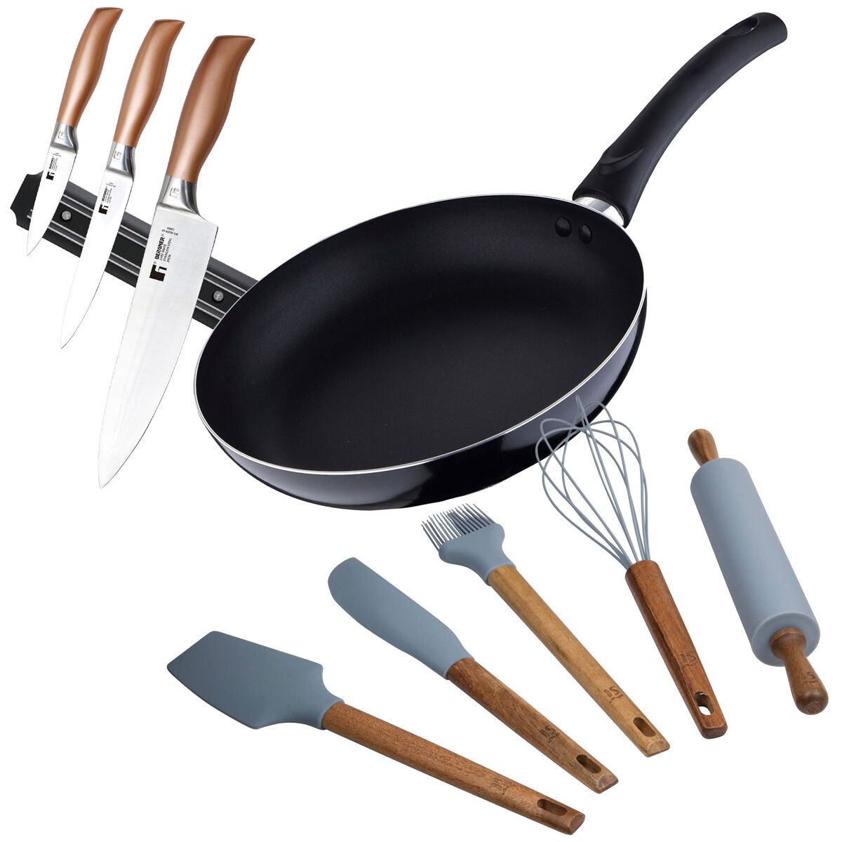 Juego de sartén ø24x4,5cm aluminio prensado + 3 cuchillos en acero inoxidable con soporte magnético + 5 utensilios de cocina silicona pixel chef sauce