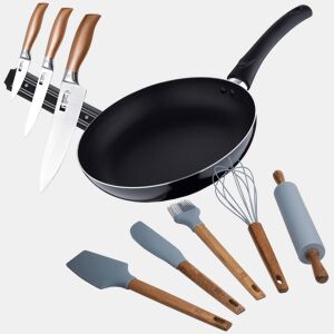 Conjunto de panela PIXEL Chef (Ø24x4,5cm) + 3 facas de aço inoxidável com suporte magnético + 5 utensílios de cozinha de silicone