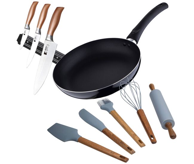 Juego de sartén ø24x4,5cm aluminio prensado + 3 cuchillos en acero inoxidable con soporte magnético + 5 utensilios de cocina silicona pixel chef sauce