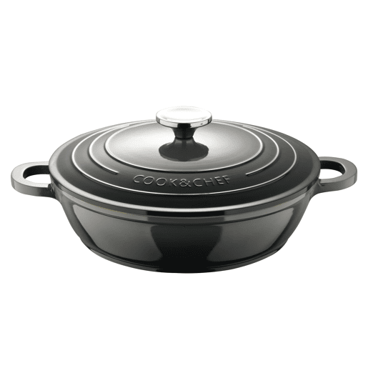 Conjunto de caçarola baixa EXCALIBUR Bergner Ø24cm com tampa de alumínio fundido + 2 utensílios de cozinha (colher, espátula) com cabo de silicone e madeira