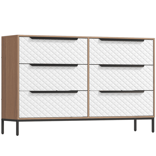 HOMCOM Cômoda com 6 Gavetas de Tecido, Cômoda para Quarto, Estrutura de MDF, Frentes com Padrão de Diamante, Gaveteiro para Sala, Escritório, Closet, Natural e Branco