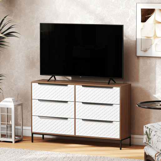 HOMCOM Cômoda com 6 Gavetas de Tecido, Cômoda para Quarto, Estrutura de MDF, Frentes com Padrão de Diamante, Gaveteiro para Sala, Escritório, Closet, Natural e Branco