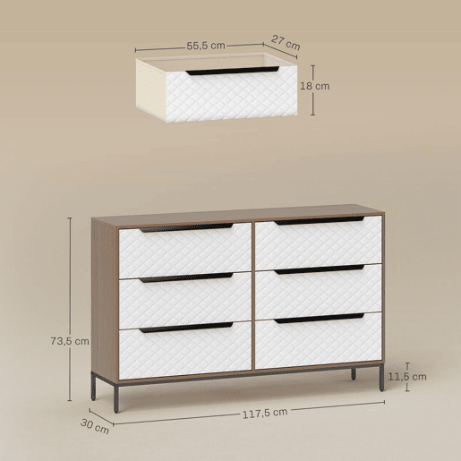 HOMCOM Cômoda com 6 Gavetas de Tecido, Cômoda para Quarto, Estrutura de MDF, Frentes com Padrão de Diamante, Gaveteiro para Sala, Escritório, Closet, Natural e Branco