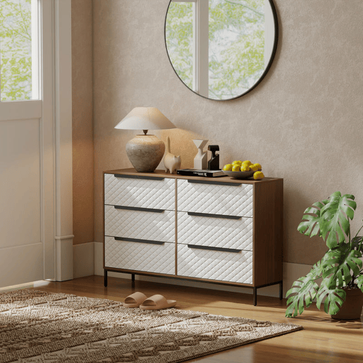 HOMCOM Cômoda com 6 Gavetas de Tecido, Cômoda para Quarto, Estrutura de MDF, Frentes com Padrão de Diamante, Gaveteiro para Sala, Escritório, Closet, Natural e Branco