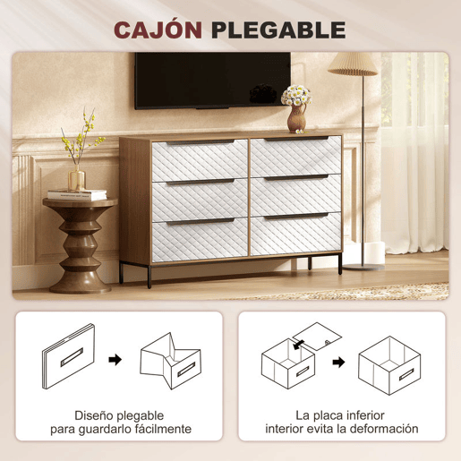 HOMCOM Cômoda com 6 Gavetas de Tecido, Cômoda para Quarto, Estrutura de MDF, Frentes com Padrão de Diamante, Gaveteiro para Sala, Escritório, Closet, Natural e Branco