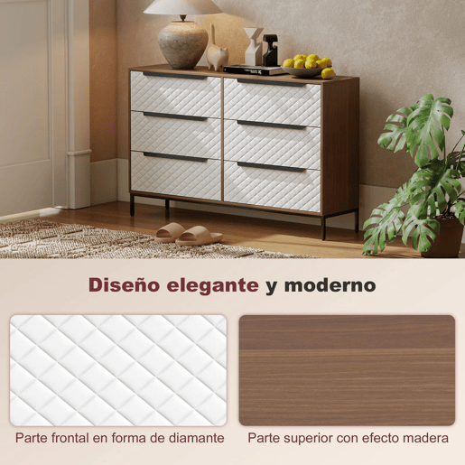 HOMCOM Cômoda com 6 Gavetas de Tecido, Cômoda para Quarto, Estrutura de MDF, Frentes com Padrão de Diamante, Gaveteiro para Sala, Escritório, Closet, Natural e Branco