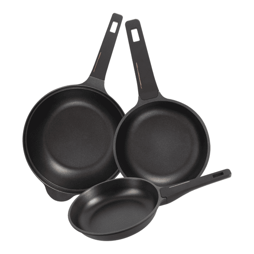Conjunto Bergner de 2 frigideiras Ø20Ø24cm + wok Ø30cm em alumínio fundido, cor preto cobre.