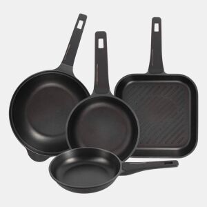 Conjunto Bergner com 2 frigideiras Ø20Ø24cm + grelha 28x28cm + wok Ø30cm em alumínio fundido nas cores cobre e preto.