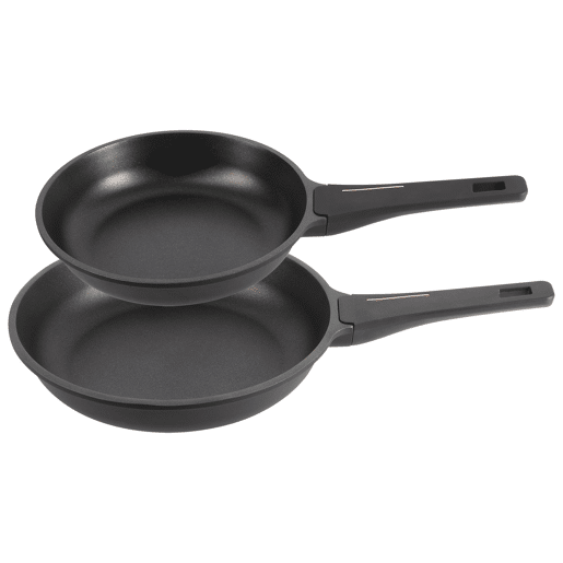 Conjunto Bergner com 2 frigideiras Ø20Ø24cm + grelha 28x28cm + wok Ø30cm em alumínio fundido nas cores cobre e preto.