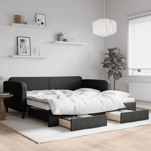 Sofá-cama, Sofá conversível com gavetão e gavetas 100x200 cm tecido preto