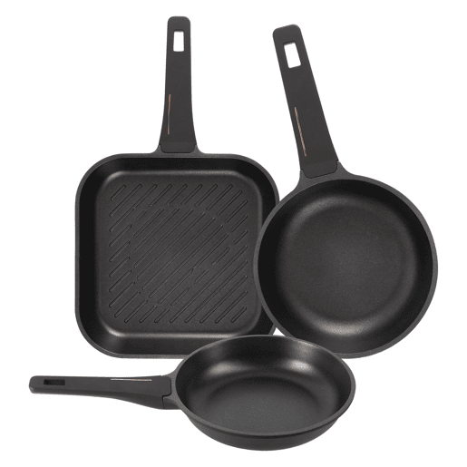 Conjunto de 2 frigideiras Ø24Ø28cm + grelha 28x28cm em alumínio fundido, cor Preto Cobre, Bergner