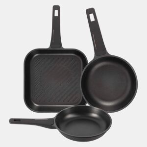 Conjunto de 2 frigideiras Ø24Ø28cm + grelha 28x28cm em alumínio fundido, cor Preto Cobre, Bergner