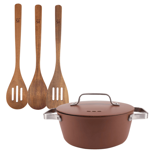 Conjunto Caçarola AGROS San Ignacio 2L Ø20x8,5cm com tampa de alumínio + 3 utensílios de cozinha de madeira