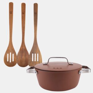 Conjunto Caçarola AGROS San Ignacio 2L Ø20x8,5cm com tampa de alumínio + 3 utensílios de cozinha de madeira