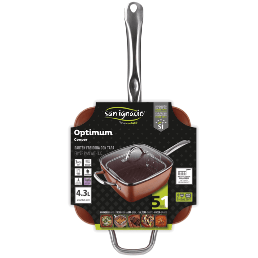 Frigideira quadrada Bergner Optimum Copper, 24x24x9,5cm, com tampa, em alumínio prensado, compatível com indução.