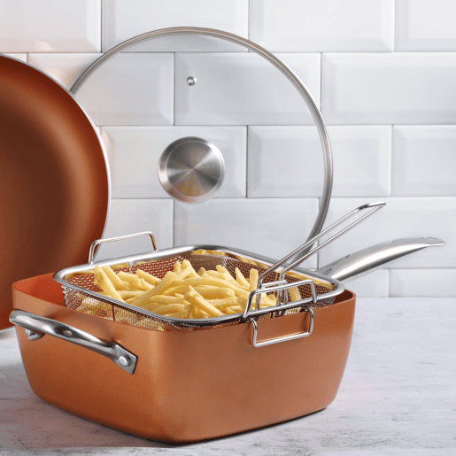 Frigideira quadrada Bergner Optimum Copper, 24x24x9,5cm, com tampa, em alumínio prensado, compatível com indução.