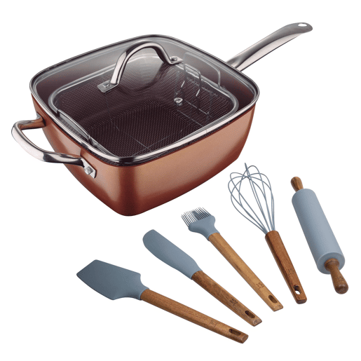 Conjunto de frigideira quadrada Bergner Optimum Copper 24x24cm em alumínio prensado + conjunto de 5 utensílios de cozinha em silicone e madeira