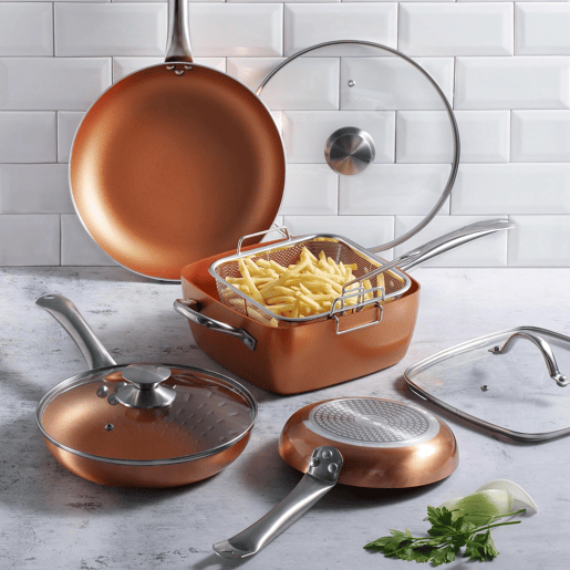 Conjunto de frigideira quadrada Bergner Optimum Copper 24x24cm em alumínio prensado + conjunto de 5 utensílios de cozinha em silicone e madeira
