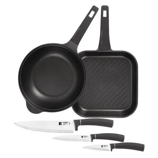 Conjunto de Grelha Bergner em Alumínio Fundido 28x28cm e Wok Ø30cm + Conjunto de 3 Facas de Cozinha em Aço Inoxidável Conjunto de Grelha Bergner em Alumínio Fundido 28x28cm e Wok Ø30cm + Conjunto de 3 Facas de Cozinha em Aço Inoxidável