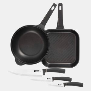 Conjunto de Grelha Bergner em Alumínio Fundido 28x28cm e Wok Ø30cm + Conjunto de 3 Facas de Cozinha em Aço Inoxidável