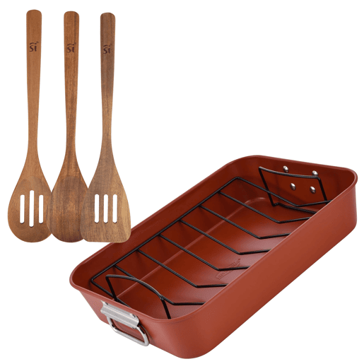 Conjunto de 3 utensílios de cozinha em madeira + assadeira em aço 40x28cm AGROS San Ignacio