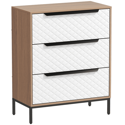 HOMCOM Cômoda com 3 Gavetas de Tecido, Cômoda para Quarto, Estrutura de MDF, Frente com Padrão de Diamante, Gaveteiro para Sala, Escritório, Closet, Natural e Branco